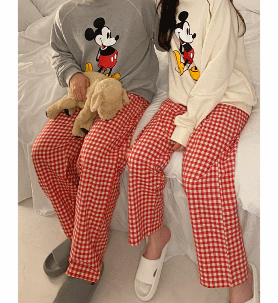 [ 빅사이즈까지 ] 디즈니정품 커플 미키자수 잠옷 파자마 체크 밴딩바지