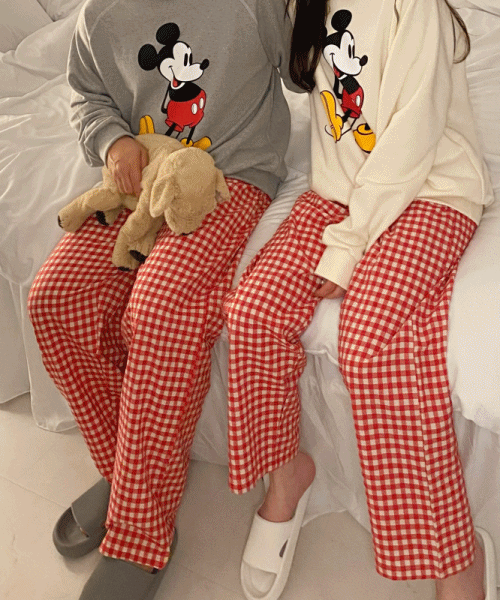 [ 빅사이즈까지 ] 디즈니정품 커플 미키자수 잠옷 파자마 체크 밴딩바지